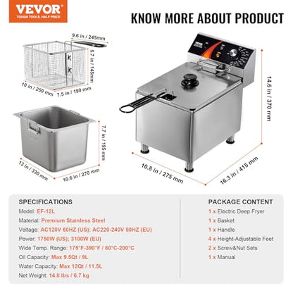 VEVOR Commercial Deep Fryer, 1750W Electric Countertop Fryer with Basket & Height-Adjustable Feet, 12Qt / 11.5L Stainless Steel Single Oil Fryer, Temp Control, Overheat Protection, for Restaurant Use - size: Single Fryer, style: Deep Fryer