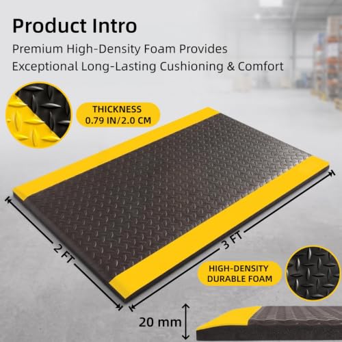 2' x 3' Industrial Anti Fatigue Mat – 7/8" Thick Commercial Grade Sponge | Non-Slip Diamond Plate Surface, Yellow Safety Border for Garage, Workshop, Kitchen & Standing Desk