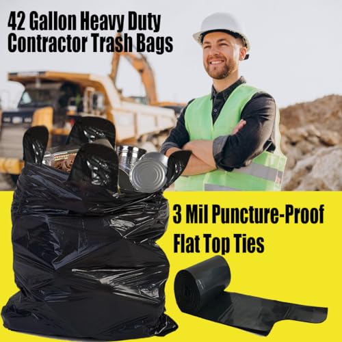 BEIDOU-PAC Contractor Heavy Duty Trash Bags 42 Gallon | 26 Count | 3 MIL | 32.8" X 46" | Large Black Flap Tie Construction Garbage Bags for Business Home Commercial, Industrial, Storage, Outdoor - style: 42 Gal Contractor Bag |76.2 Micron |26 Count
