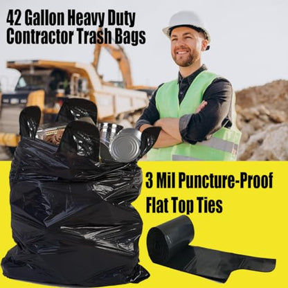 BEIDOU-PAC Contractor Heavy Duty Trash Bags 42 Gallon | 26 Count | 3 MIL | 32.8" X 46" | Large Black Flap Tie Construction Garbage Bags for Business Home Commercial, Industrial, Storage, Outdoor - style: 42 Gal Contractor Bag |76.2 Micron |26 Count