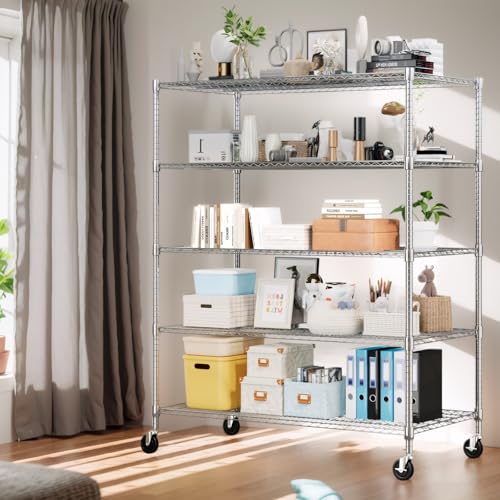 Himimi 5 Tier Wire Shelving with Wheels Heavy Duty Height Adjustable Metal Shelves for Storage, Commercial Grade Steel Utility Wire Rack for Kitchen Garage Pantry Organization-24×48×82, Silver - color: Silver, size: 24"D×48"W×82"H, 5-Tier