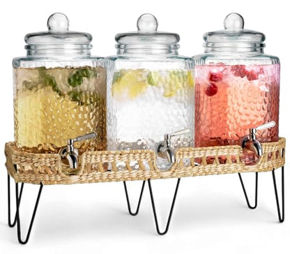 1.5 Gallon Glass Drink Dispenser for Parties 3 PACK Beverage Dispensers with Stand, Glass Water Jug Dispenser, with 18/8 Stainless Steel Spigot, Great for Party, Wedding, Picnic, BBQ Wicker Design - color: Clear - 1.5 Gallon 3 Pack