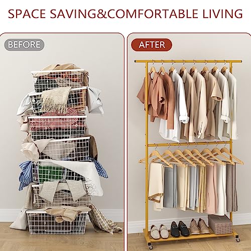 Sywhitta Double Rod Metal Clothing Rack on Wheels with Bottom Mesh,Gold - color: Gold, size: With mesh