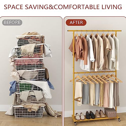 Sywhitta Double Rod Metal Clothing Rack on Wheels with Bottom Mesh,Gold - color: Gold, size: With mesh