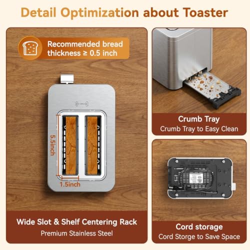 Mecity 2 Slice Toaster Smart Touchscreen, Stainless Steel Wide Slot Toasters Defrost, Reheat, Memory Function, Auto Shutoff, Digital Electric Bread Toaster for Bagel Muffin Waffle, 120V - color: 2 Slot-Brushed stainless steel