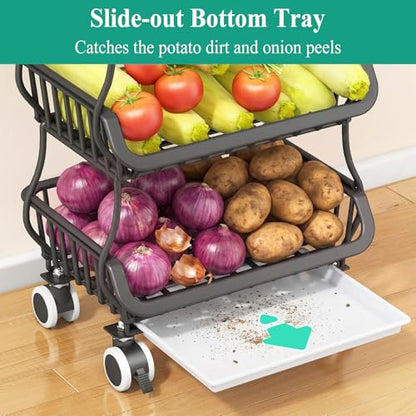 SAYZH 4-Tier Fruit and Vegetable Basket Stand for Kitchen, Wood Top, Black - color: Black, size: 4 Tiers