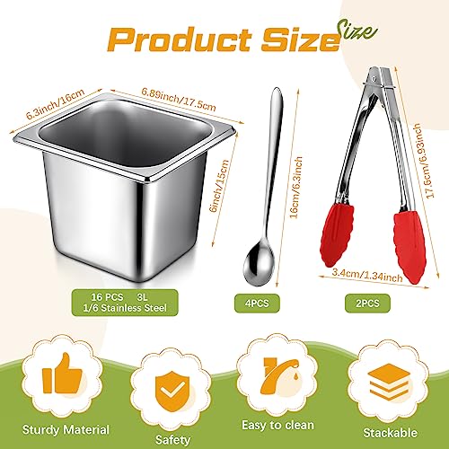 16 Pack 1/6 Stainless Steel Pans with Lid, 2Tongs, 4Spoons, 6 Inch Deep - size: 6 Inch