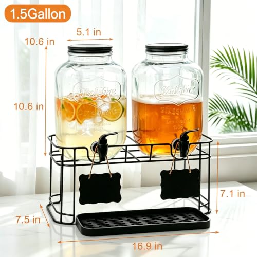 2 Pack 1.5 Gallon Large Glass Beverage Dispenser for Parties, Drink Dispenser with Stand, Lemonade Dispenser with Drip Tray for Iced Tea, Juice & Infused Water