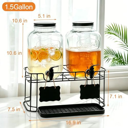 2 Pack 1.5 Gallon Large Glass Beverage Dispenser for Parties, Drink Dispenser with Stand, Lemonade Dispenser with Drip Tray for Iced Tea, Juice & Infused Water