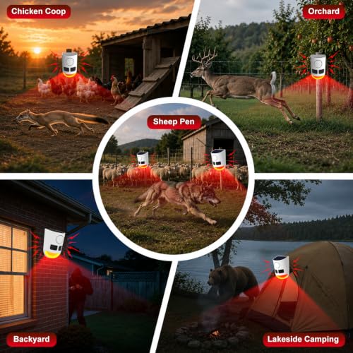 Solar Motion Sensor Alarm with Strobe Light, 130dB Outdoor Security Alarm System, 13 Alarm Sounds with Remote Control, Solar Powered, Waterproof PIR Motion Detector for Farm Yard Garden Orchard.1PCS