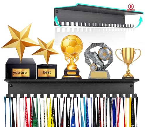 iBobbish Metal Medal Hanger Display,Non-Slip Trophy Shelf with 20 Hooks,Wall Mount,Heavy Duty,Non-Bent,Holds 22-33lbs,for Gymnastics,Race,Soccer,Swim - color: Black, style: CLASSIC BLACK