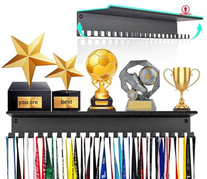 iBobbish Metal Medal Hanger Display,Non-Slip Trophy Shelf with 20 Hooks,Wall Mount,Heavy Duty,Non-Bent,Holds 22-33lbs,for Gymnastics,Race,Soccer,Swim - color: Black, style: CLASSIC BLACK