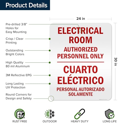 Electrical Room Authorized Personnel Only Bilingual Sign, 24x30 Inches, 3M EGP Reflective .080 Aluminum, Fade Resistant, Made in USA by My Sign Center - size: 24x30 Reflective Aluminum
