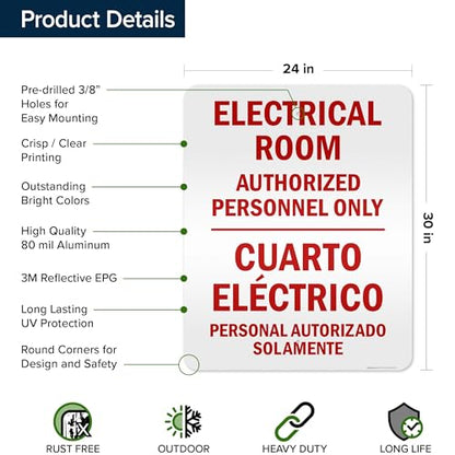 Electrical Room Authorized Personnel Only Bilingual Sign, 24x30 Inches, 3M EGP Reflective .080 Aluminum, Fade Resistant, Made in USA by My Sign Center - size: 24x30 Reflective Aluminum