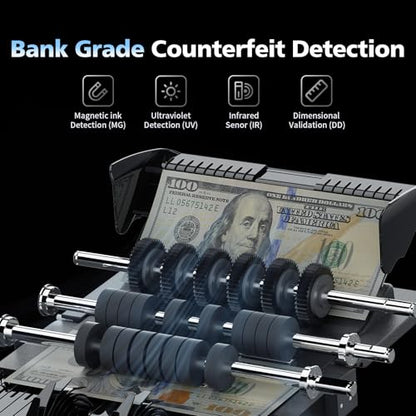 Mixed Denomination Money Counter & High-Security Counterfeit Detector (UV/MG/IR/DD) for USD/EUR/MXN/GBP/CAD, Dual-Display Cash Counting Machine, White