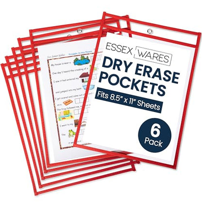 Essex Wares - 6 Pack, Red Dry Erase Pockets, 10" Wide x 13.5" Tall - color: Red