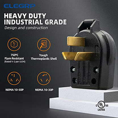 ELEGRP NEMA 10-30P & NEMA 10-50P Angle Plug, 4 Prong Electric Dryer/Range Oven Stove Plug, Straight Blade Heavy Duty, 30A 50A 125/250V, Industrial Grade, Non-Grounding, 3 Pole 3 Wire, UL Listed - style: NEMA 10-30P & 10-50P Plug