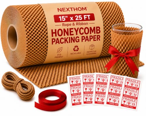 Honeycomb Packing Paper, 15 Inch x 25 FT – Eco-Friendly Recyclable Cushioning Wrap Roll for Moving & Shipping, Bubble Wrap Alternative with Rope, Ribbon & 40 Fragile Stickers - size: 15" x 25'