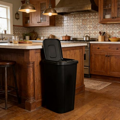 13.3 Gallon Trash Can, Touch Top Push Button Lid, Black Durable Plastic