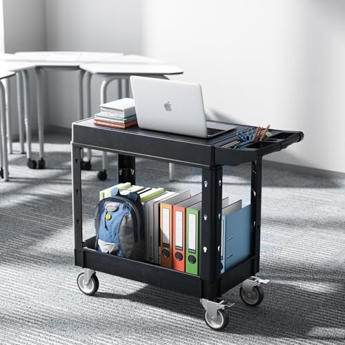 VEVOR Utility Cart, 550 lbs Load Capacity, 31.3 x 17.7-inch Service Cart, Two-Shelf Heavy Duty Plastic Utility Cart with 360° Swivel Wheels (2 with Brakes), Suitable for Warehouse, Garage, Cleaning - style: 550 LBS-Small