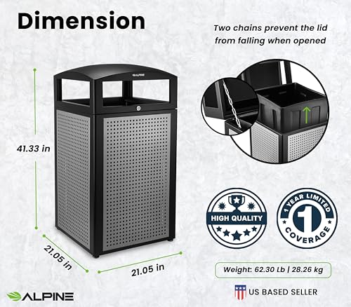 Alpine 40-Gallon Outdoor Commercial Trash Can with Locking Lid – Heavy-Duty Weather-Resistant Metal Garbage Bin with Removable Liner for Parks, Restaurants & Public Spaces