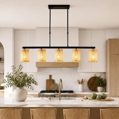 Siittoo 44.49 in Rattan Chandelier, Linear Kitchen Island Pendant Light - color: 44.49 in/Pale straw yellow-5-light