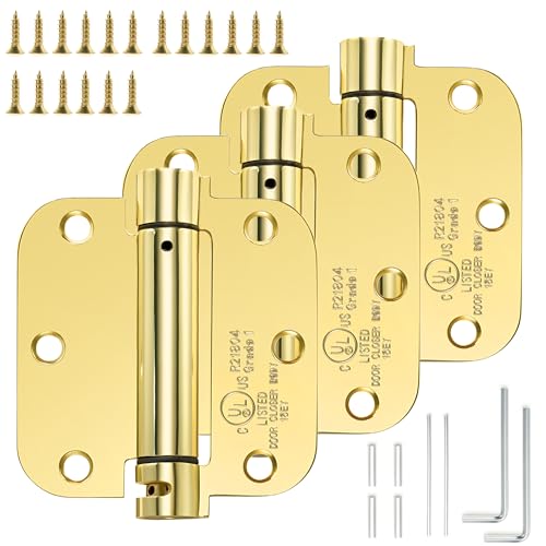 Sophia Self-Closing Door Hinge 3.5 Inch Rounded 5/8 Radius Interior, Spring Loaded Hinge Adjustable Tension for Garage Residential Standard Bedroom Indoor Doors, 3 Pack, Polished Brass, UL Listed - color: Polished Brass, size: 3 Pack