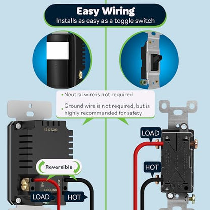 TOPGREENER PIR Motion Sensor Light Switch, No Neutral No Ground Wire, Black - color: Black, size: 1 Pack