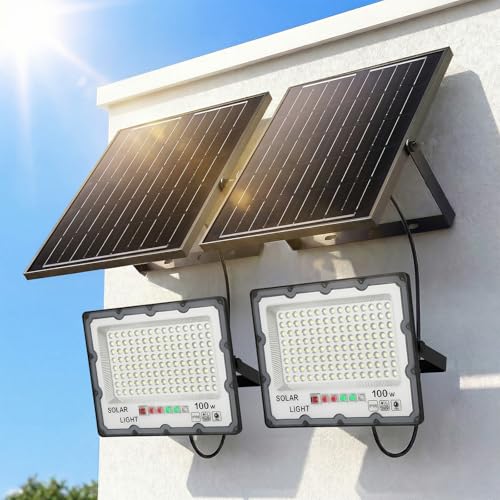 2-Pack 100W Solar Flood Light Outdoor 21000LM 6500K LED Street Light with Remote, IP66 Waterproof Dusk to Dawn Outdoor Security Lighting, 13FT Cable Splitted Solar Light for Parking Lot Yard Garage - size: 2-Pack(100)