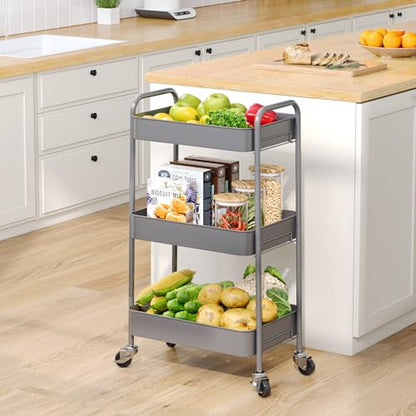 TOOLF 3 Tier Metal Rolling Cart, Utility Storage Cart with Wheels, Grey - color: Grey, size: 3-Tier