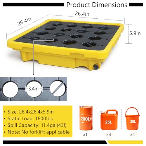 Spill Containment Tray with Drain, Anti-Leak Plastic Oil Tank Spill-Proof Pallet, Industrial Oil Drum Modular Platform,26.4 x 26.4 x 5.9in,1 Drum,2 Pcs - color: 2 Piece, size: 1 Drum