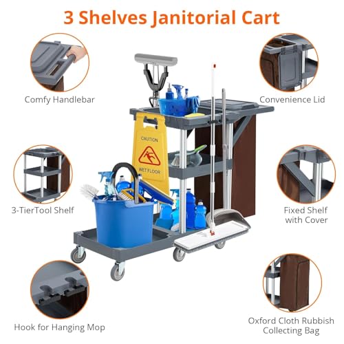 Commercial Traditional Janitorial 3-Shelf Cleaning Cart, Janitorial Carts on Wheels with Cover and Vinyl Bag, Custodial Cart, Housekeeping Carts for Hotels, Stores, Schools, and Business