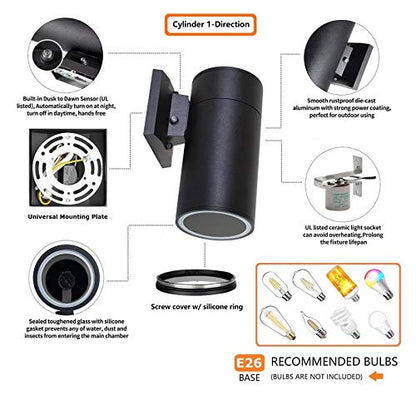 Dusk to Dawn Outdoor Wall Sconce, Waterproof Exterior Light Fixture - color: Cylinder (Black A - Dusk to Dawn )