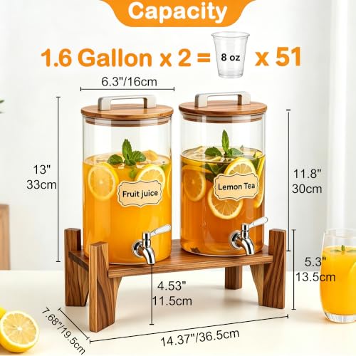 MerryNine Glass Drink Dispensers for Parties with Wood Stand, 1.6 Gallon