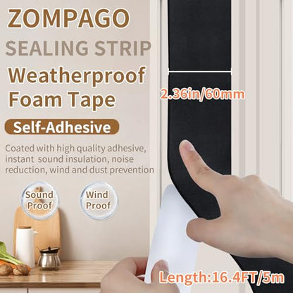 ZOMPAGO Single Sided Foam Weather Stripping Tape Black,2.4in x 16.4FT - color: Black, size: 2.4in x 16.4FT