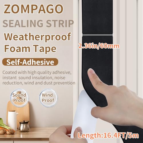 ZOMPAGO Single Sided Foam Weather Stripping Tape Black,2.4in x 16.4FT - color: Black, size: 2.4in x 16.4FT