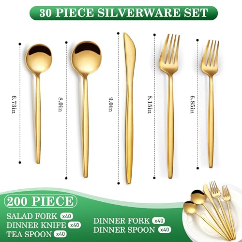 200 Pcs Food Grade Gold Silverware Set, Stainless Steel Cutlery Utensil Set, Mirror Polished Flatware Set for 40 Include Dinner Knife Fork Spoon for Home, Wedding, Restaurant, Dishwasher Safe