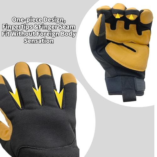 Work Gloves Men for Safety, Leather Palm, Black+Yellow, Large - color: Black+yellow-2, size: Large