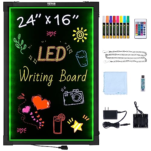 VEVOR LED Message Writing Board, 24"x16" Illuminated Erasable Lighted Chalkboard, Neon Effect Menu Sign Board, Drawing Board with 8 Fluorescent Chalk Markers and Remote Control, for Home Wedding Shop - size: 16"W x 24"H