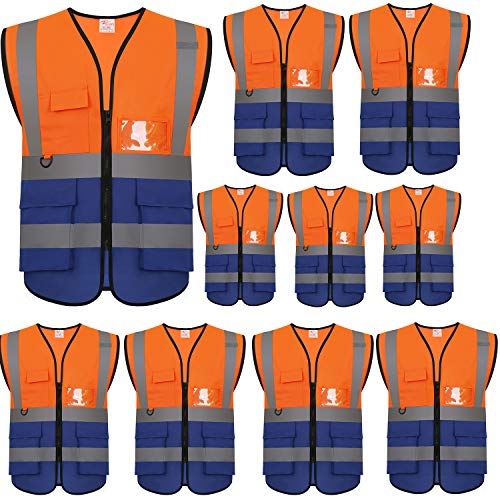 zojo High Visibility Reflective Safety Vest with Multi Pockets 10 Pack Bulk - color: Mix Orange & Blue, size: X-Large