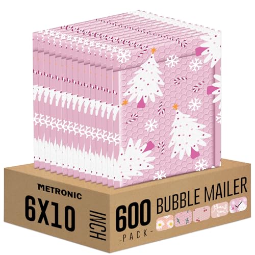 Metronic 600 Pack Bubble Mailers 6x10 Inch Christmas Cute Bubble Mailers Waterproof Padded Envelopes Mailing Envelopes Bubble Padded for Shipping Christmas Day Gift, Jewelry,Makeup, Small Items - color: Pink Tree, size: 6x10" 600PC