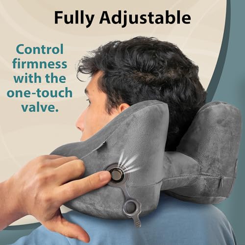 FLOWZOOM Air Inflatable Neck Pillow for Traveling on Plane - H-Shape Hooded Travel Pillow with 5 Snooze Modes, Fast Inflation, Pressure Control, Cozy Clip-On Hood & Plushy Cover - Size L, Silver Gray - color: Silver Gray
