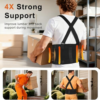 2-in-1 Work Back Brace for Men & Women, Adjustable Lumbar Support Belt with Detachable Shoulder Suspenders, Lower Back Support Lifting Belt for Moving, Construction, Warehouse Heavy Work - size: Large
