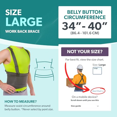 BraceAbility Work Back Brace - Industrial Lower Back Pain Protection Belt for Men and Women, Construction, Moving, Warehouse Jobs - Removable Suspender Shoulder Straps for Heavy Lifting Safety (L) - size: Large