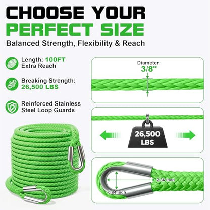 Synthetic Winch Rope Extension - 3/8" x 100ft 27000 lbs Heavy Duty Extension Winch Line Cable Replacement for ATV UTV Off Road Vehicle Jeep Truck - Green - color: Green, size: 3/8 Inch x 100 Feet