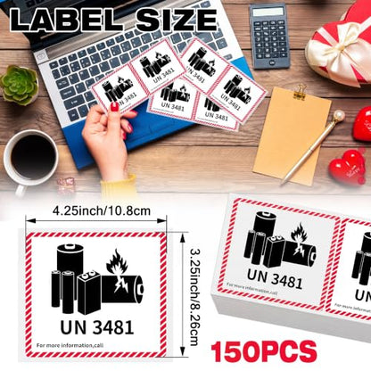 Dunzoom 150 Pcs UN3481 Lithium Ion Battery Caution Labels 3.3" X 4.2" - color: Un3481, size: 3.3" X 4.2"