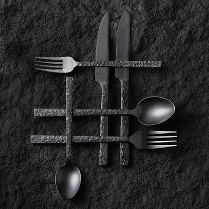 65 Pcs Black Hammered Silverware Set with Serving Utensils for 12 - color: Black, size: 65-Piece