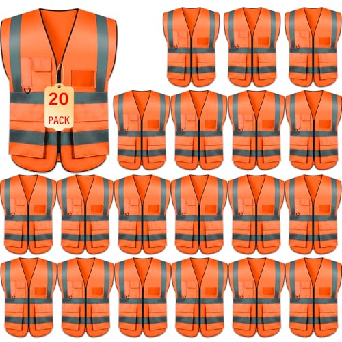 Safety Vests 20 Pack,Hi Vis Construction Vest with 5 Pockets and Zipper,Reflective Vest for Men Women Work One Size - color: Orange
