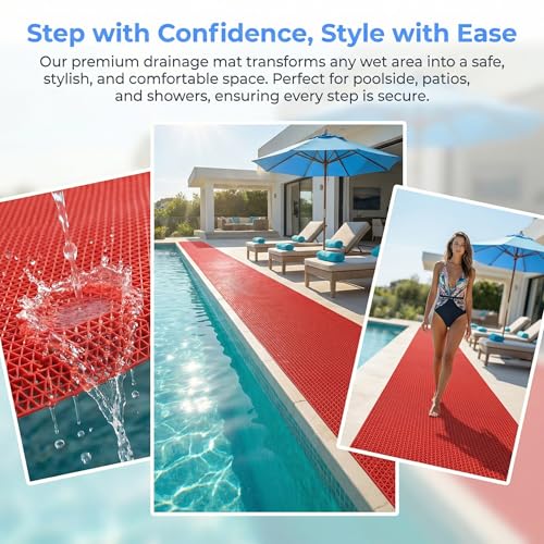 Drainage Non Slip Flooring Mats Swimming Pool Bathroom Anti-Fatigue Rubber Matting 3x10 Ft Heavy Duty Commercial Anti Slip Floor Mats for Garage Restaurant Sauna SPA,Red,0.9×3M - color: Red