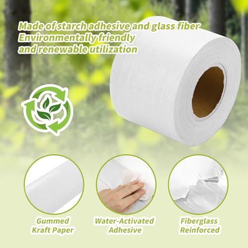 2 Rolls Reinforced Water Activated Tape,2" x150ft(50yds) Per Roll,White Gummed Kraft Paper Tape with Strong Fiberglass,Adhesive Surface is Sticky When Wet.Suit for Packing Boxes.